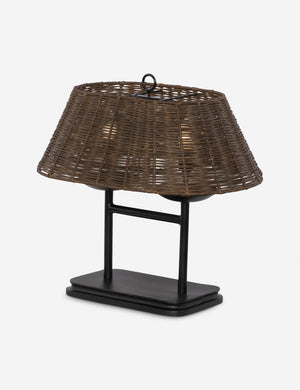 Angled view of the Teulon basketweave wicker double-post table lamp