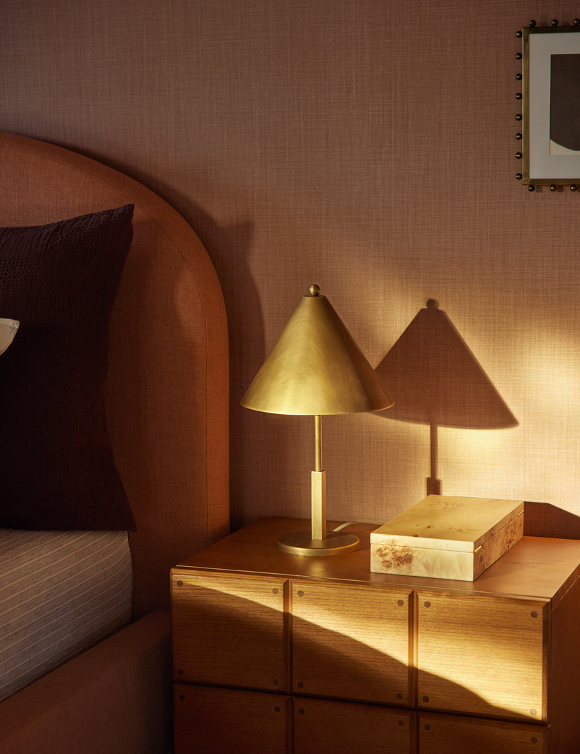 #color::brass | Tutton tapered metal shade table lamp styled on a bedside table