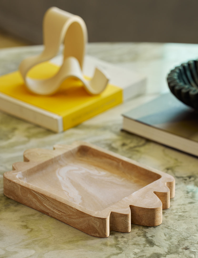 #color::travertine | Melona resin decorative tray styled on a coffee table.