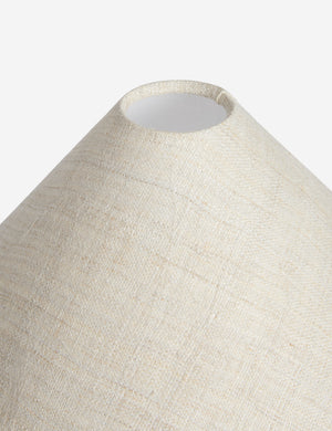 Close up view of the shade of the Arca sculptural chunky wood two shade floor lamp by Aimee Song