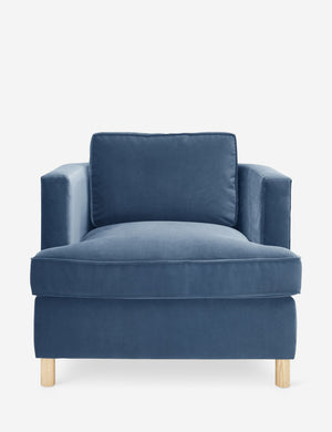 Belmont Harbor blue velvet accent chair by Ginny Macdonald with a curved back and oversized plush cushions