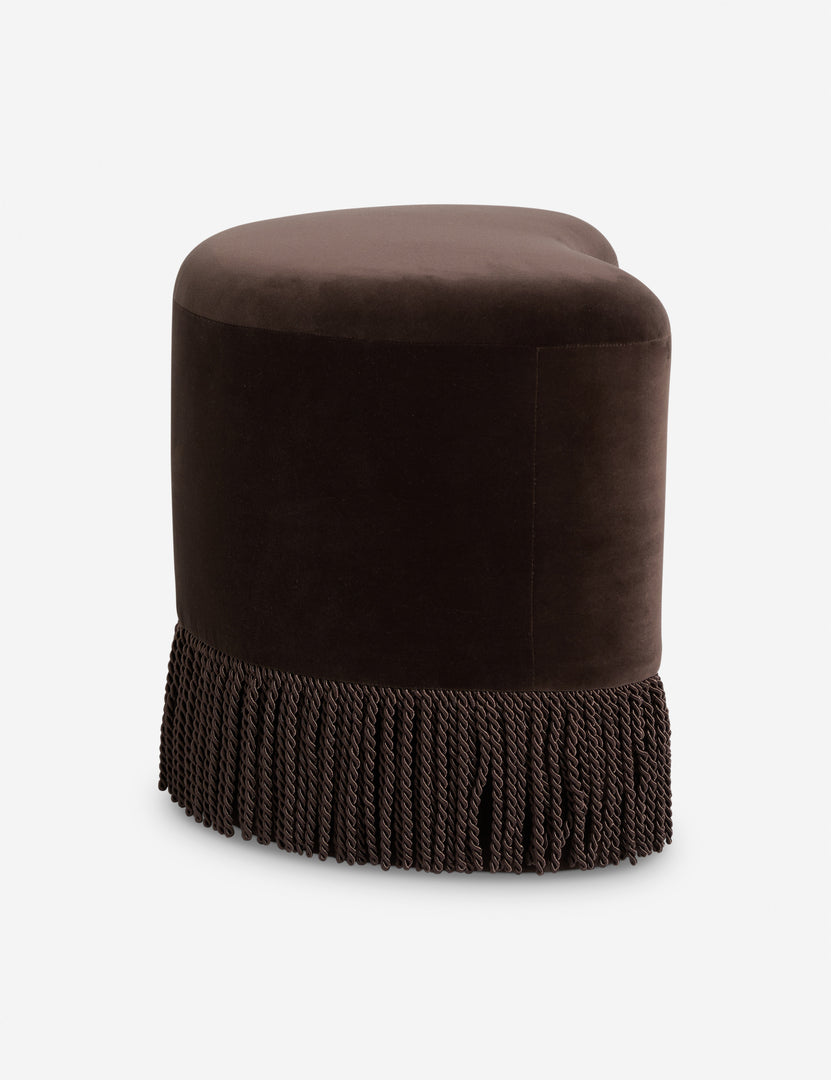 #color::chocolate-velvet | Side profile view of the Brahm sculptural velvet fringe accent stool by Aimee Song