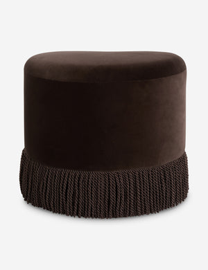 Back view of the Brahm sculptural velvet fringe accent stool by Aimee Song