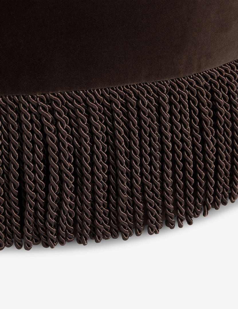 #color::chocolate-velvet | Close up view of the fringe of the Brahm sculptural velvet fringe accent stool by Aimee Song