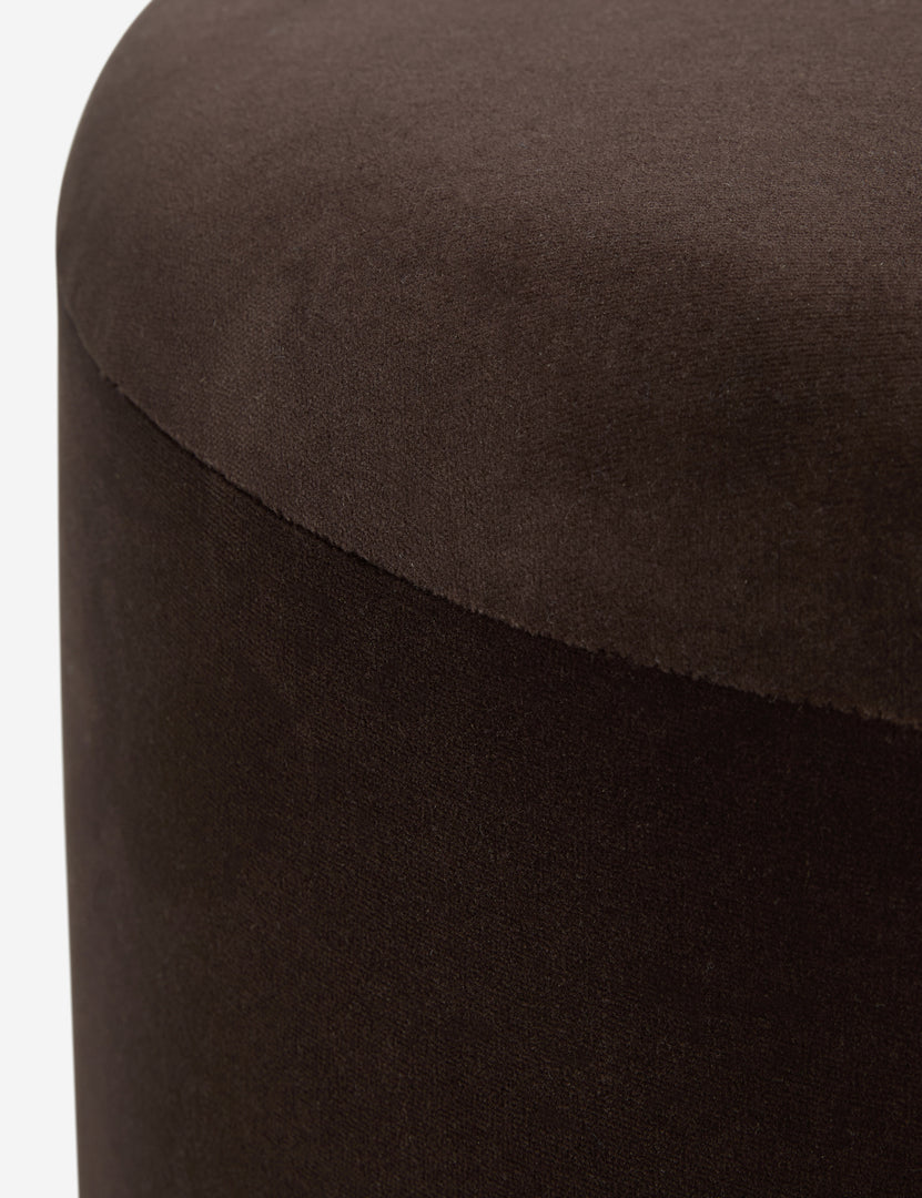 #color::chocolate-velvet | Close up view of the Brahm sculptural velvet fringe accent stool by Aimee Song