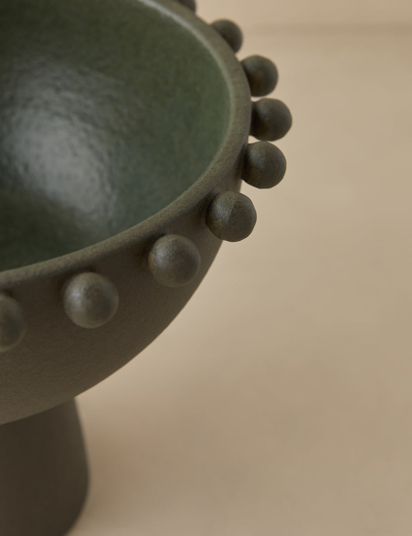 #color::dark-olive | Close up view of the Fayette beaded rim pedestal base ceramic bowl by Aimee Song