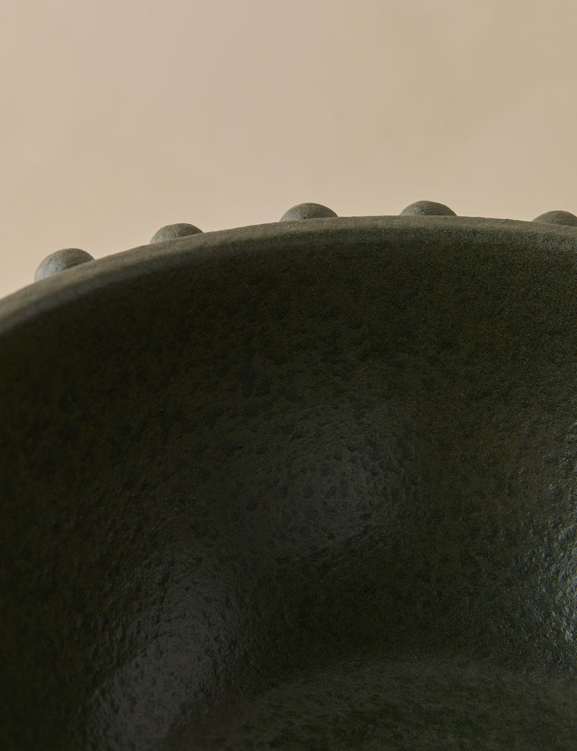 #color::dark-olive | Close up view of the Fayette beaded rim pedestal base ceramic bowl by Aimee Song