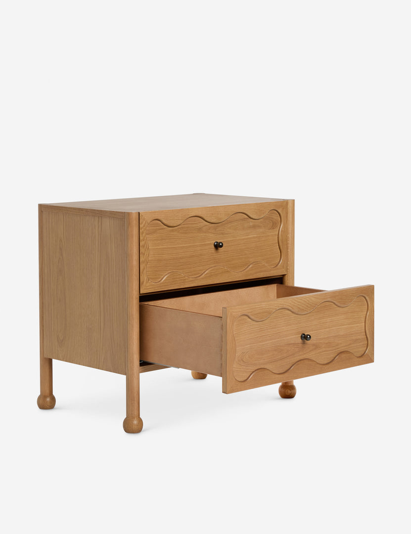 #color::natural | View of the Fontaine wavy detailing solid oak 2-drawer nightstand by Aimee Song with the bottom drawer open