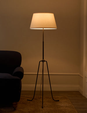 Francis slim frame tripod floor lamp by Heidi Caillier with the light turned on