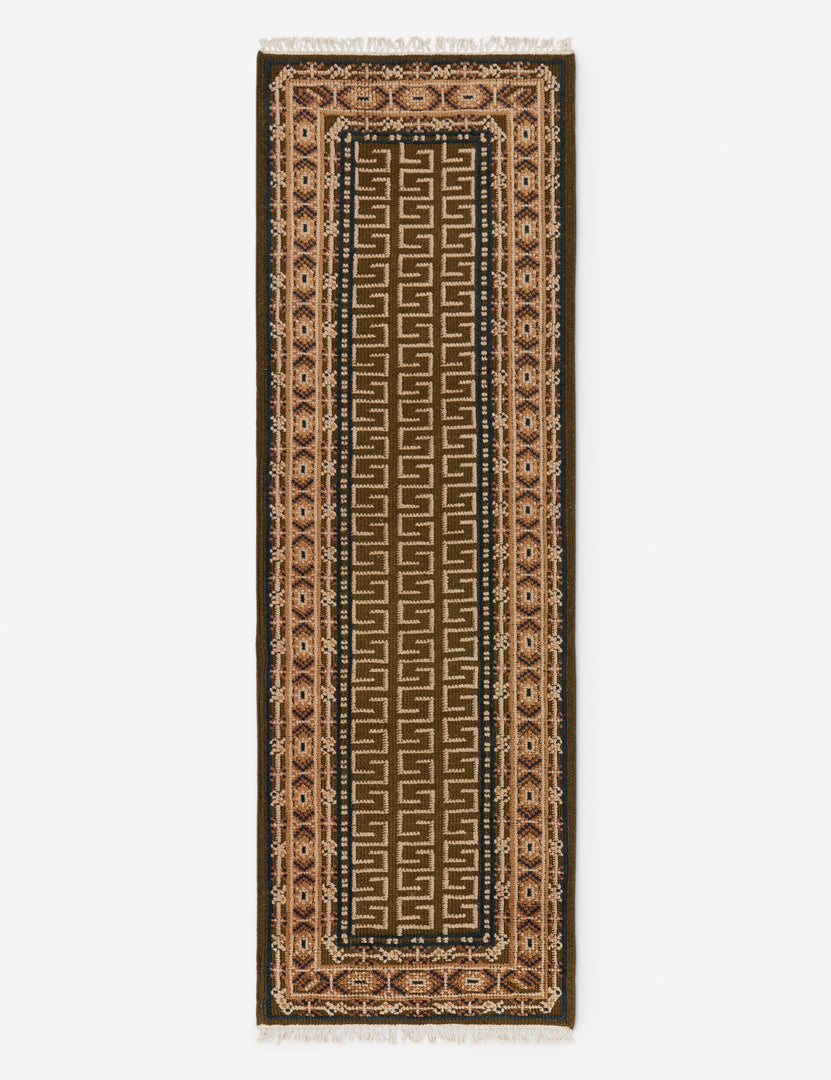 #color::ochre #size::2-6--x-8--runner | Manca traditional geometric motif hand-knotted wool runner rug.