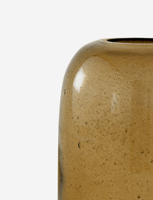 Close up of the Bertie amber bubbled glass cylinder vase