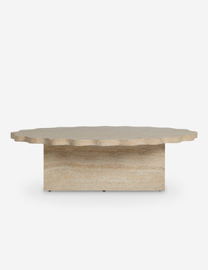 Scalloped travertine-finish oval outdoor coffee table by Sarah Sherman Samuel