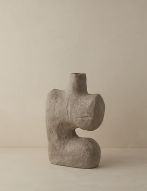 Angled view of the Sina gray washed handcrafted paper mache vase