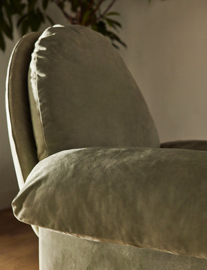 Close up of the arm of the Nolina relaxed open profile leather accent chair by Carly Cushnie.