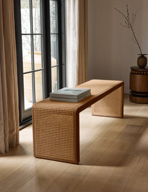 Canistel woven cane waterfall bench by Carly Cushnie styled in front of a large window.