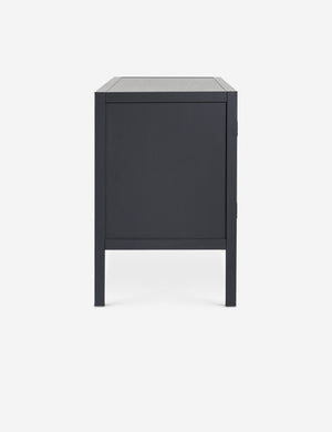 Side view of the Morey glass front black curio sideboard cabinet