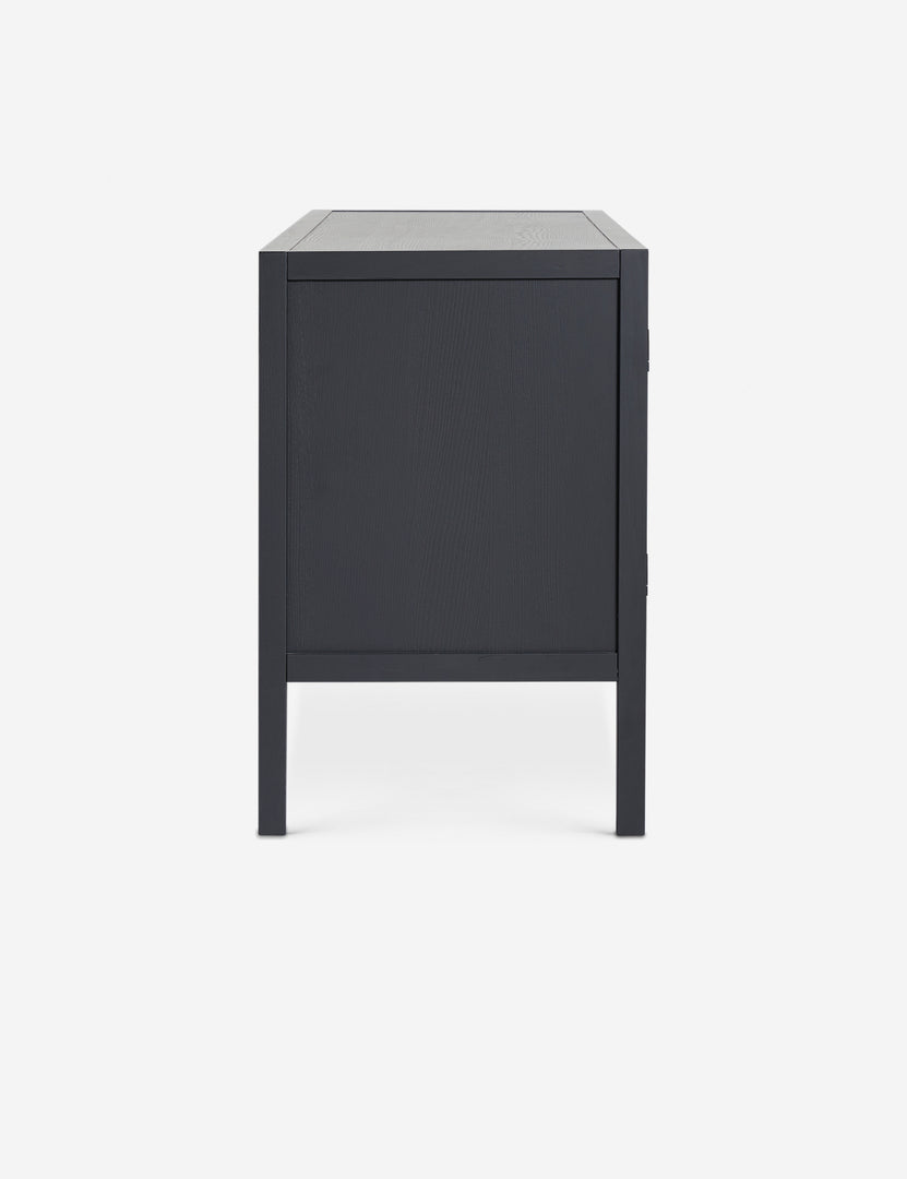 | Side view of the Morey glass front black curio sideboard cabinet
