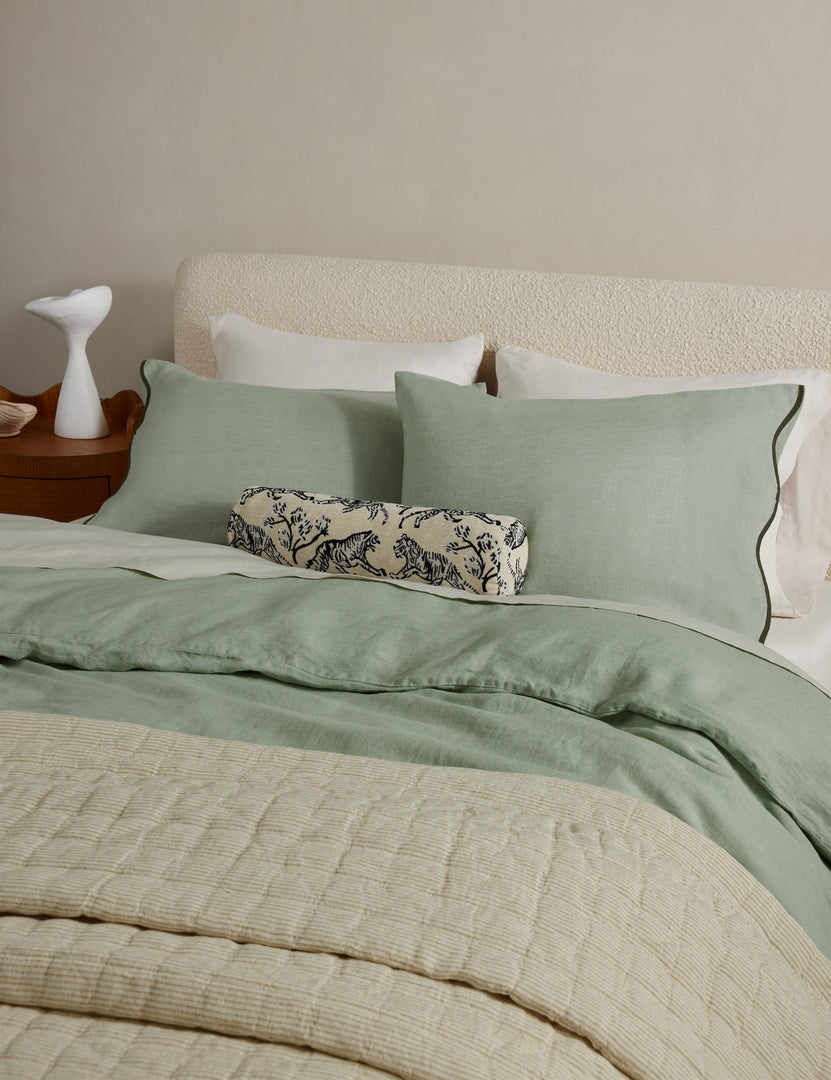 #color::lichen #size::full--queen #size::king--cal-king #type::duvet-cover #type::duvet-set | Essie soft, breathable hemp duvet cover in lichen green with bolster pillow and bedspread