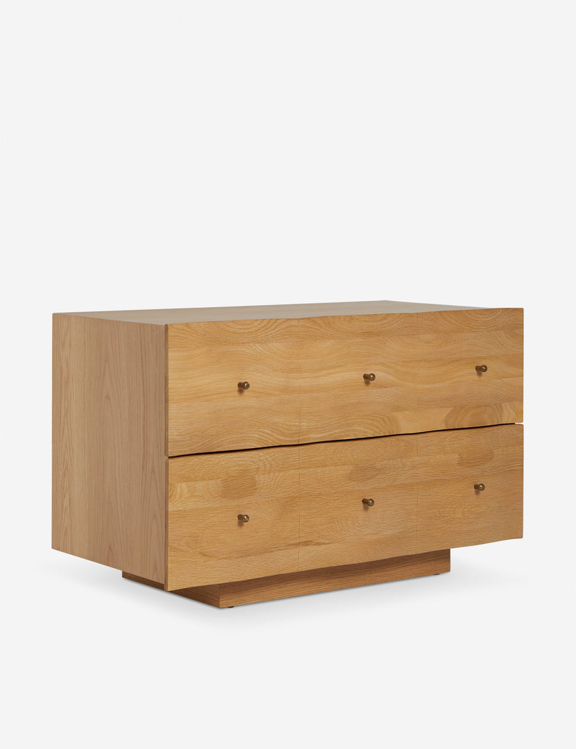 #color::natural | Angled view of the Otelia wide profile two drawer nightstand in natural wood
