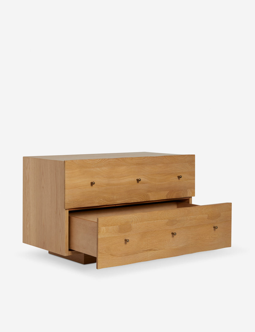 #color::natural | Otelia wide profile two drawer nightstand in natural wood with bottom drawer open