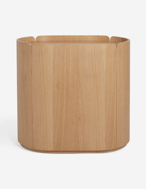 Back view of the Raphael modern rounded natural wood two drawer nightstand