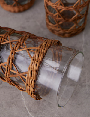 Rattan wrapped Lorraine highball glass close up view