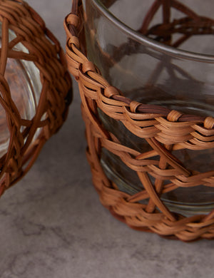 Close up of the rattan wrapped Lorraine tumbler glass