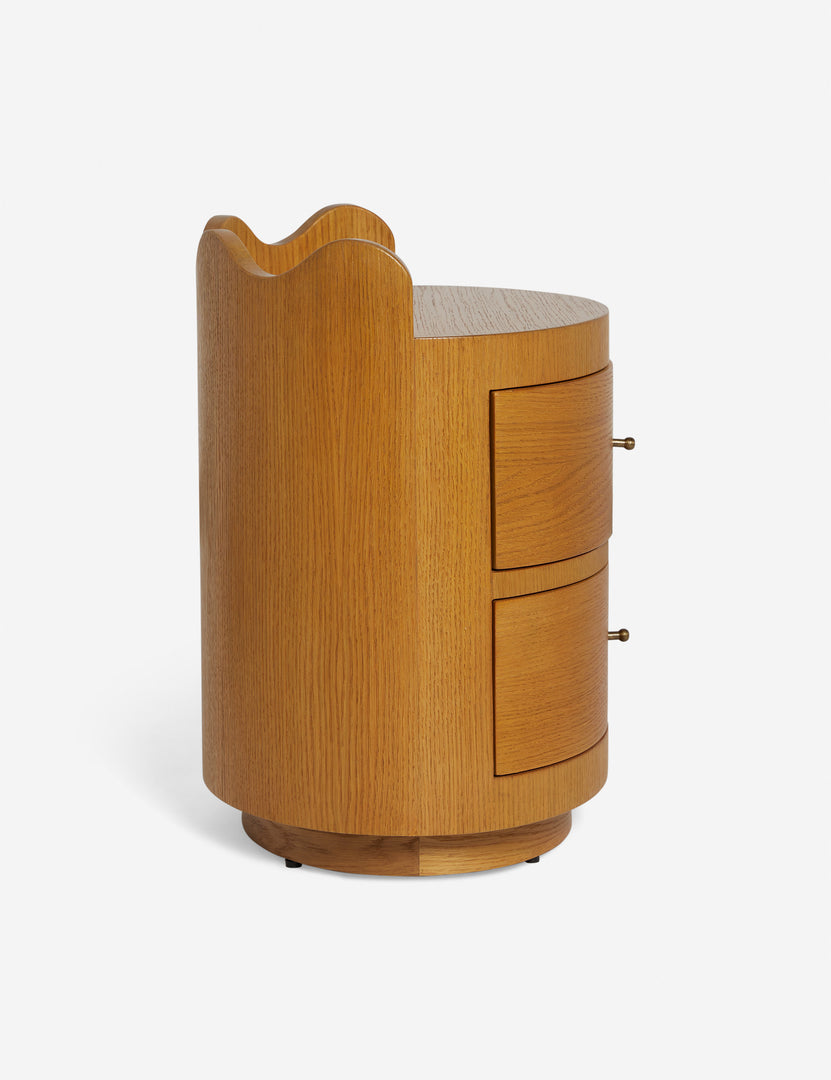 #color::honey-oak | Side view of the Ripple wavy profile, round two drawer nightstand