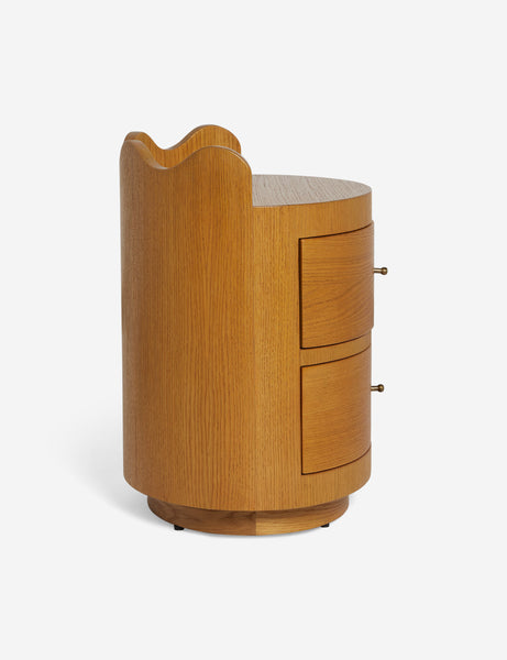 #color::honey-oak | Side view of the Ripple wavy profile, round two drawer nightstand