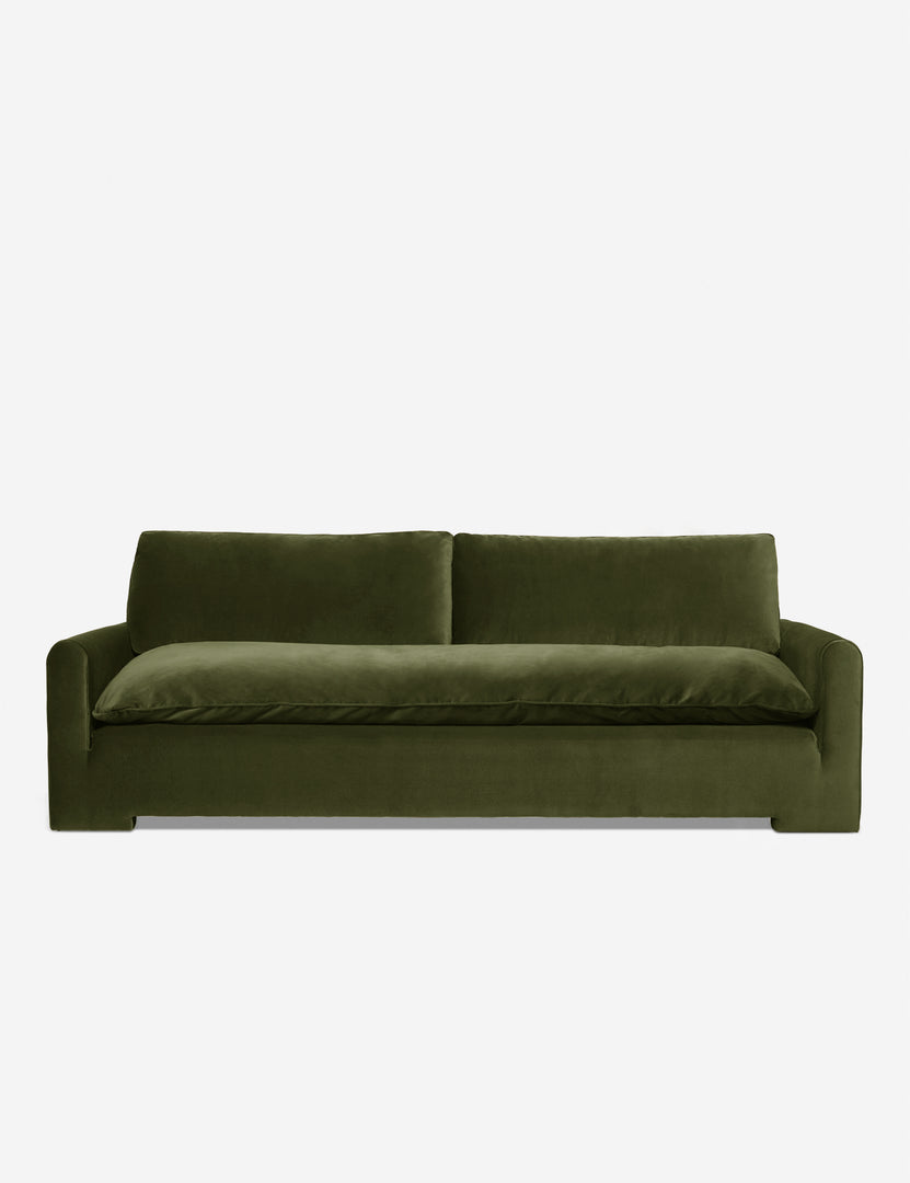 #color::loden-velvet #size::103-W | Rupert Loden Gray Velvet sofa with an elevated frame and plush cushions by Sarah Sherman Samuel