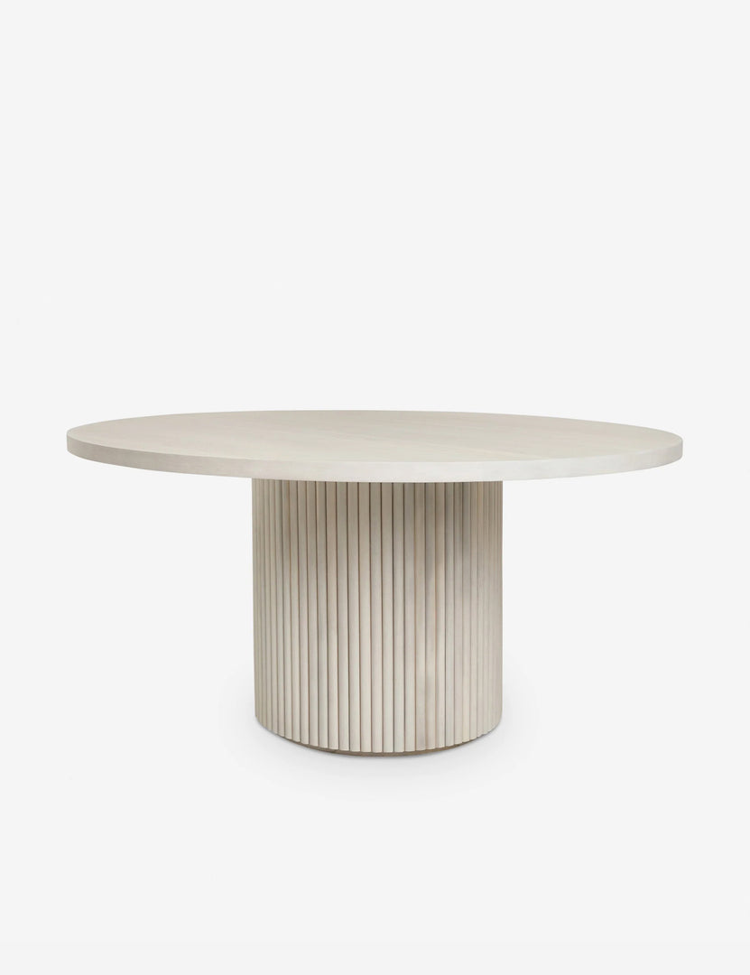 #color::white-wash | Rutherford white-washed acacia wood round dining table with pedestal base.