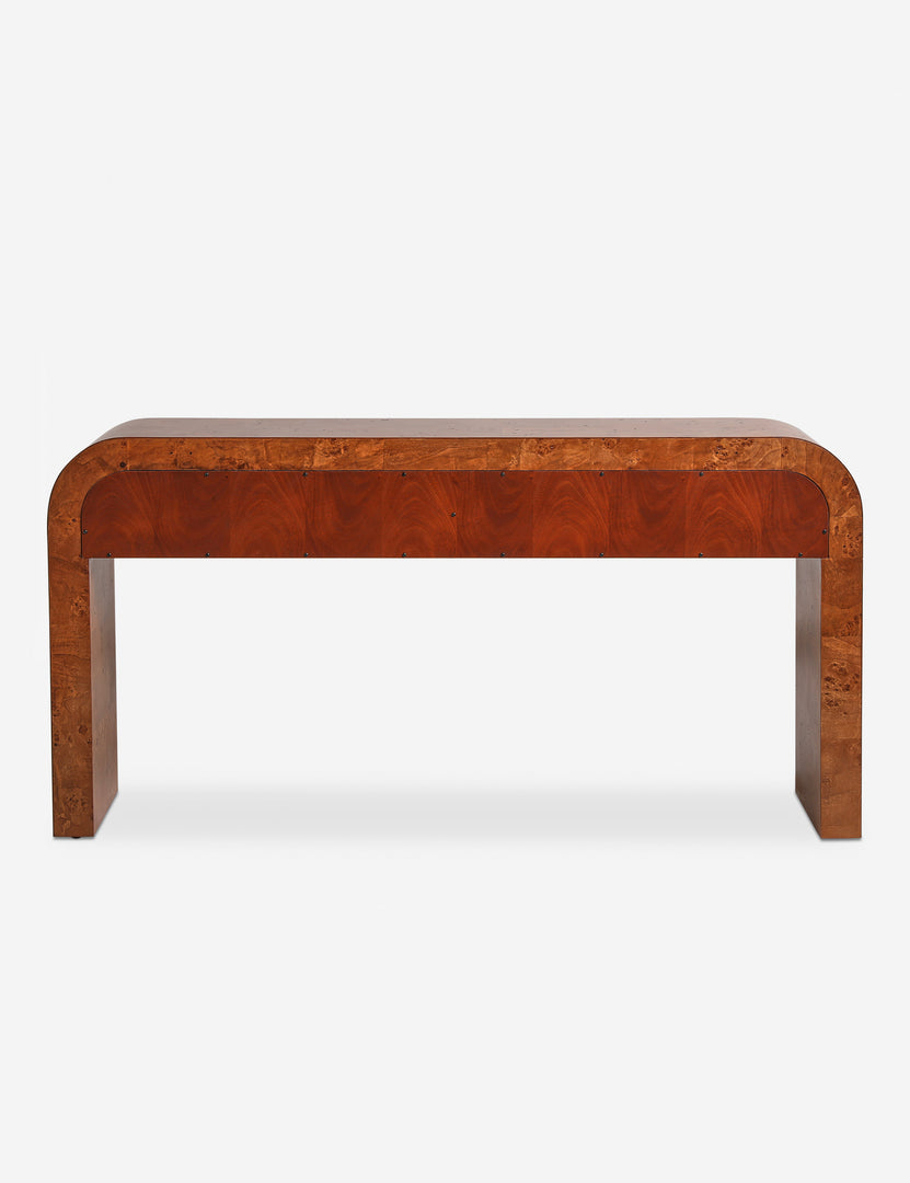 #color::antique-burl | Back of the Sabal burl wood waterfall console table by Carly Cushnie.