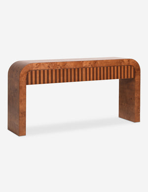 Angled view of the Sabal burl wood waterfall console table by Carly Cushnie.