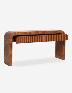Sabal burl wood waterfall console table by Carly Cushnie with both drawers open.