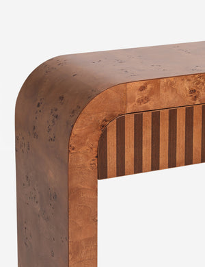 Close up of the Sabal burl wood waterfall console table by Carly Cushnie.