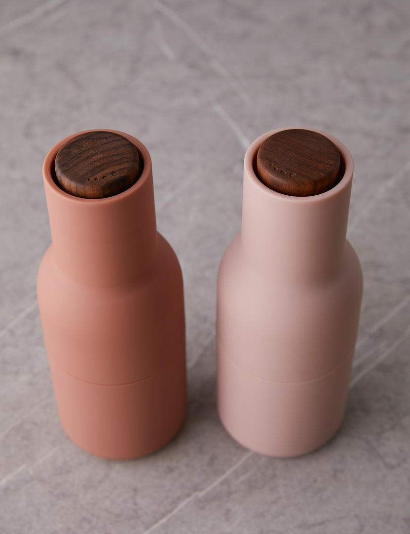 #color::nude | Close up of the Pinkish beige and nude salt and pepper bottle grinders
