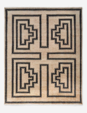 Senna neutral hand-knotted wool runner rug with black geometric pattern