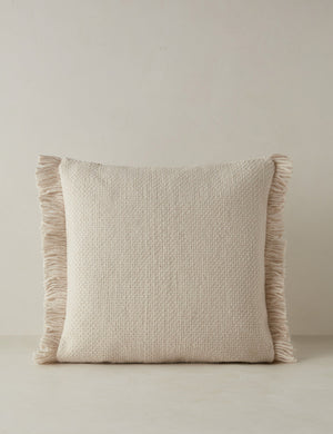 Thorpe chunky woven fringed outdoor throw pillow in ivory.
