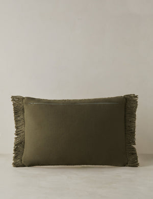 Thorpe chunky woven fringed outdoor lumbar pillow in moss.