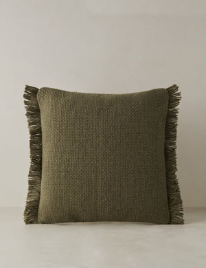 Thorpe chunky woven fringed outdoor throw pillow in moss.
