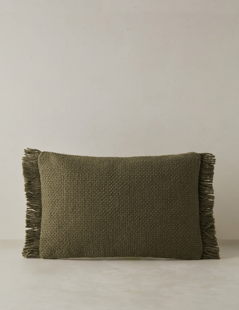 #color::moss #style::lumbar | Thorpe chunky woven fringed outdoor lumbar pillow in moss.