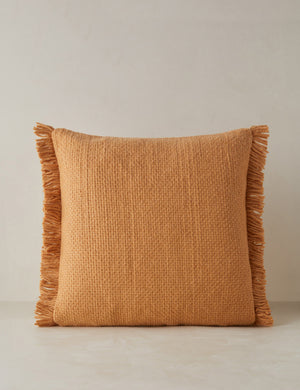 Thorpe chunky woven fringed outdoor throw pillow in terracotta.