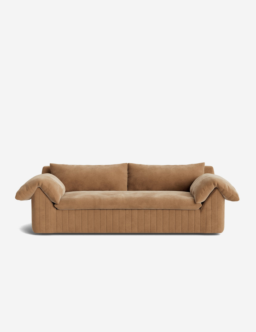 #color::caramel-vintage-velvet #size::97.5-w | Yucca relaxed profile wide arm sofa by Carly Cushnie.