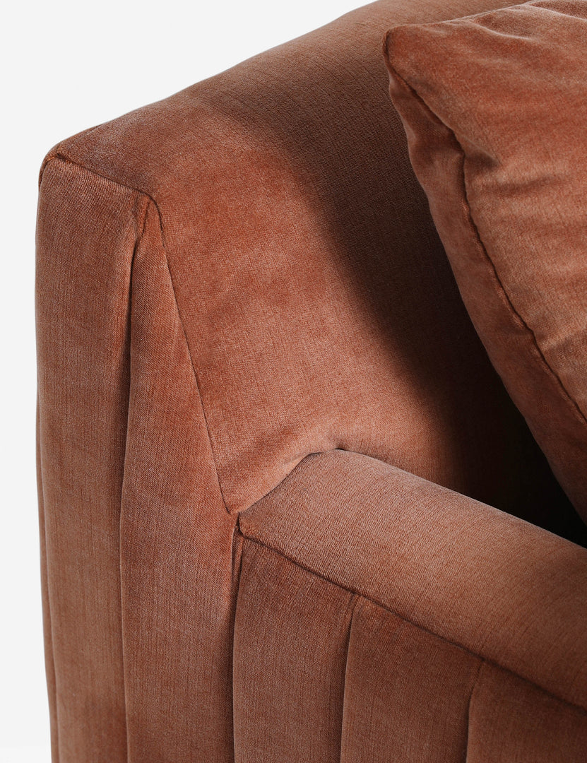 #color::rose-vintage-velvet #size::97.5-w | Close up of the Yucca relaxed profile wide arm sofa by Carly Cushnie.