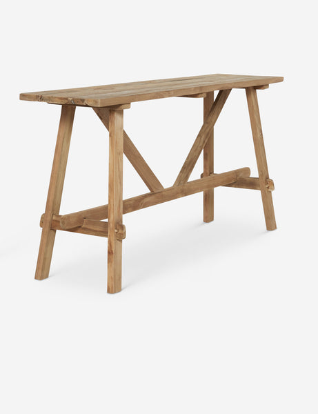 | Angled left front view of the Arlene craftsman-style antiqued teak wood console table 