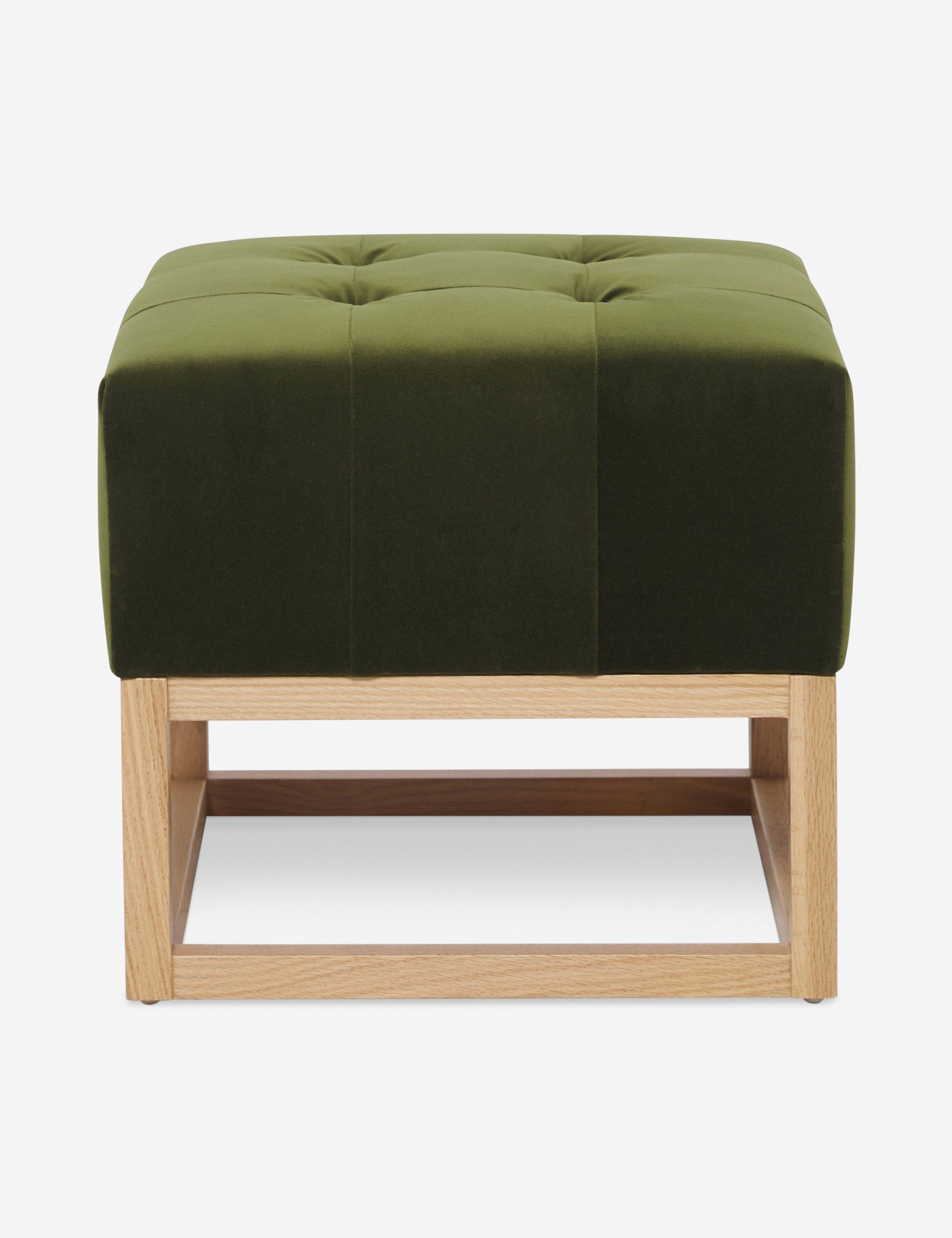 #color::jade | Jade Green Velvet Grasmere Ottoman with an upholstered cushion and airy wooden frame by Ginny Macdonald