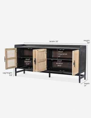 Dimensions on the Philene black mango wood sideboard with cane doors