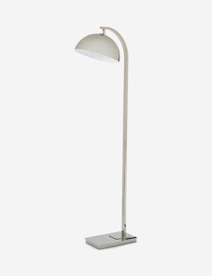 Angled view of the Otto polished nickel silver arched floor lamp by Regina Andrew