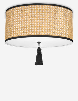 Torres Flush Mount Light with black accents, a tassel underscore, and cane-paneled drum fixture
