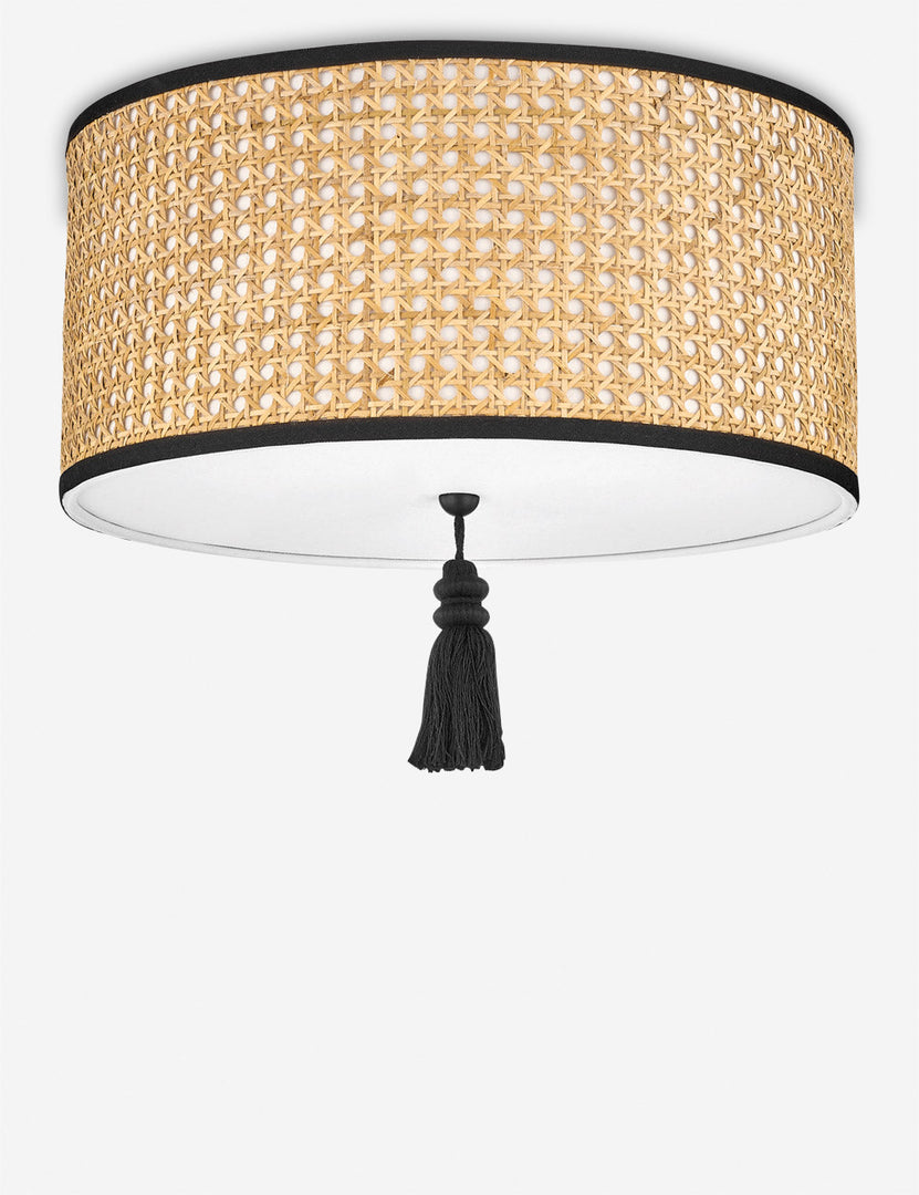 #color::black #size::2-light | Torres Flush Mount Light with black accents, a tassel underscore, and cane-paneled drum fixture